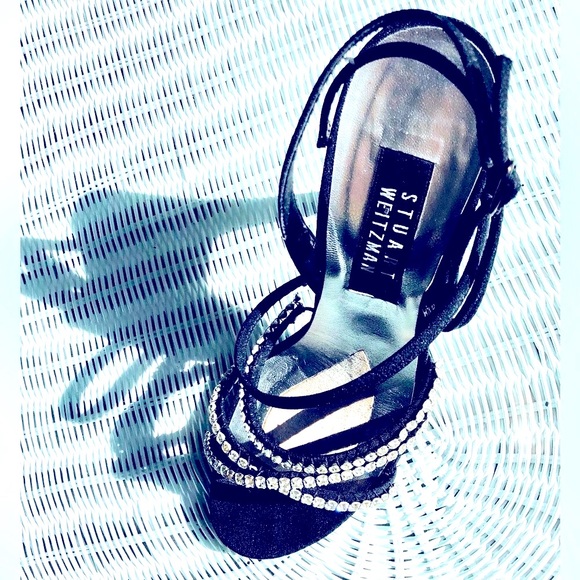Stuart Weitzman Black silk peau de soie  rhinestone strap 4"heel sandals 8 1/2 M - Picture 4 of 15